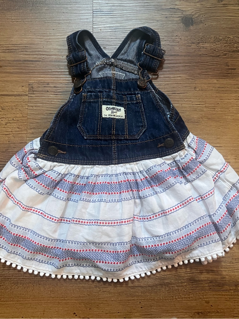 OshKosh B'gosh Denim Overall Dress with White & Red-Blue Striped Skirt